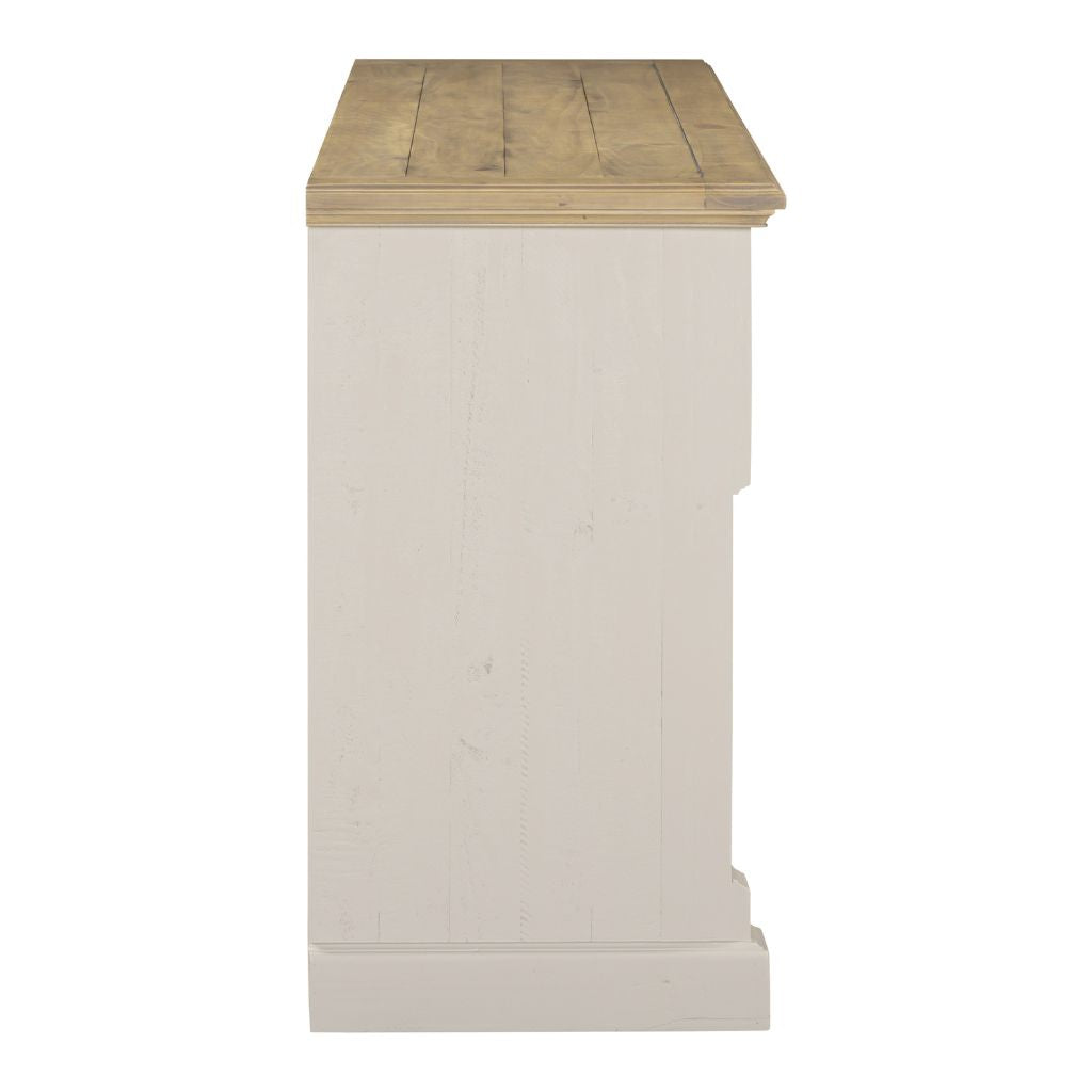 side of grey painted sideboard with wooden top