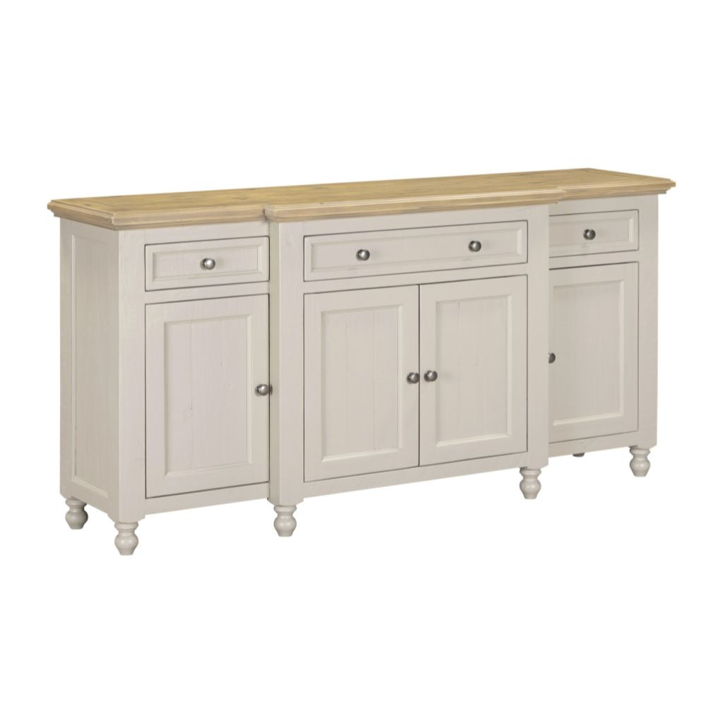 Grey painted sideboard with wooden top on a white background