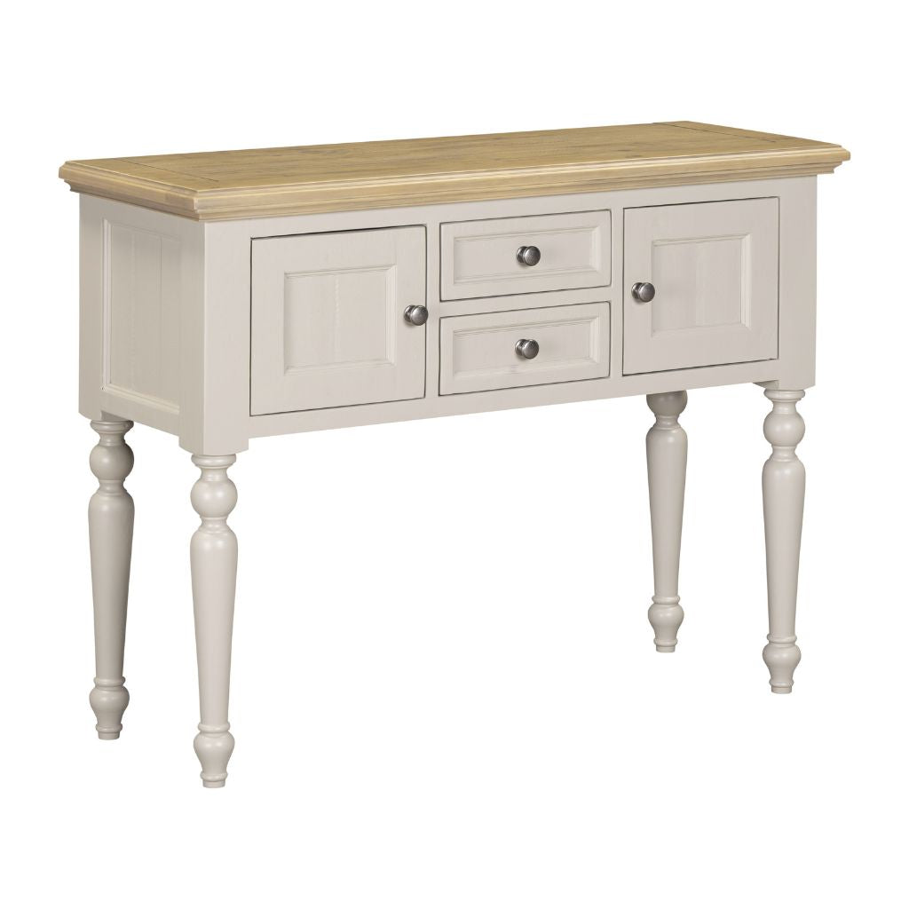 Grey sideboard with wooden top on a white background