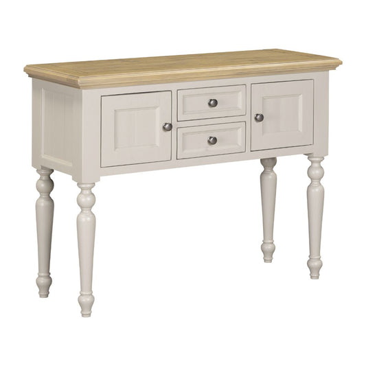 Grey sideboard with wooden top on a white background