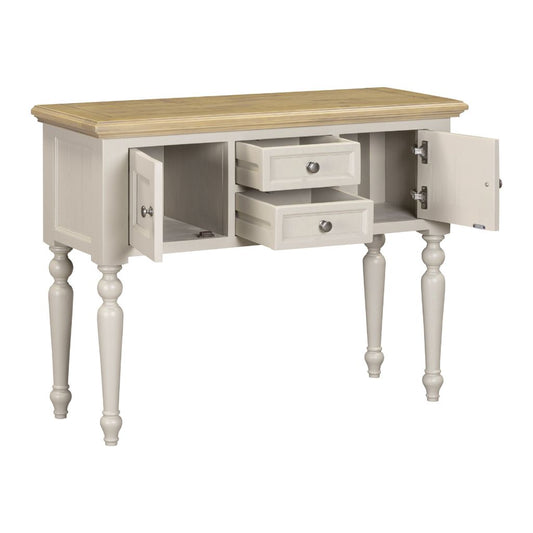 Grey console table with wooden top on a white background
