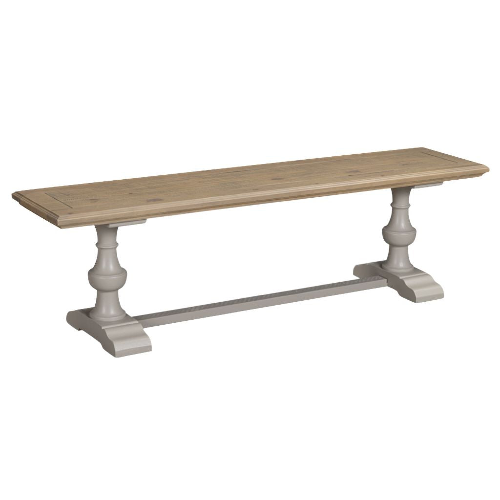 Wooden dining bench with white base on a white background