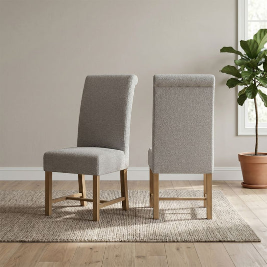 Grey fabric dining chair with pine legs