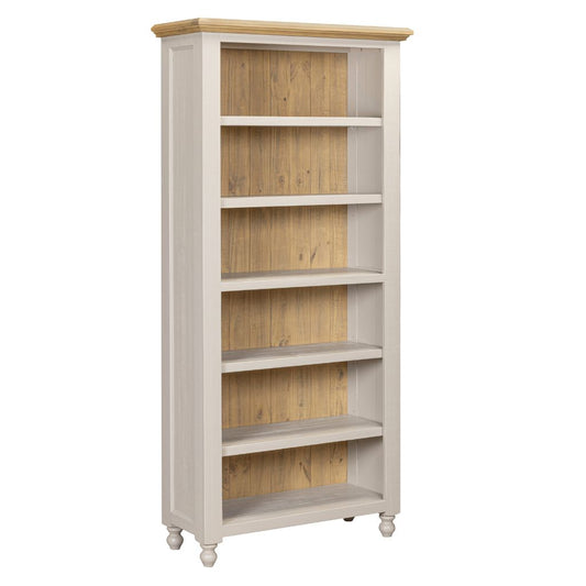 Tall wooden bookshelf with grey base and natural wood shelves on a white background