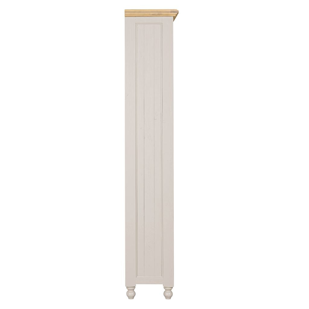 Tall white cabinet with a wooden top on a white background