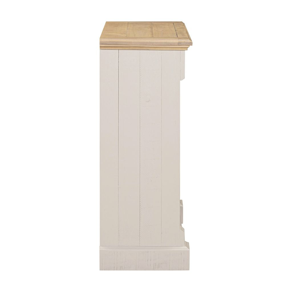 Tall grey cabinet with a wooden top on a white background