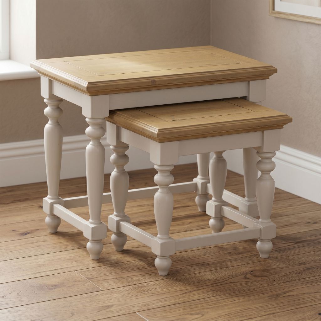 set of two nesting tables in a pine and grey painted finish