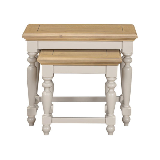 nest of tables in pine wood with a painted grey base