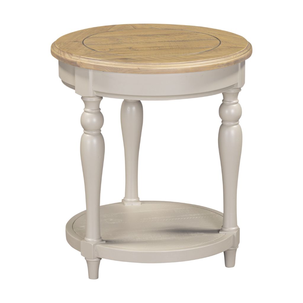 Round grey painted side table with wooden top
