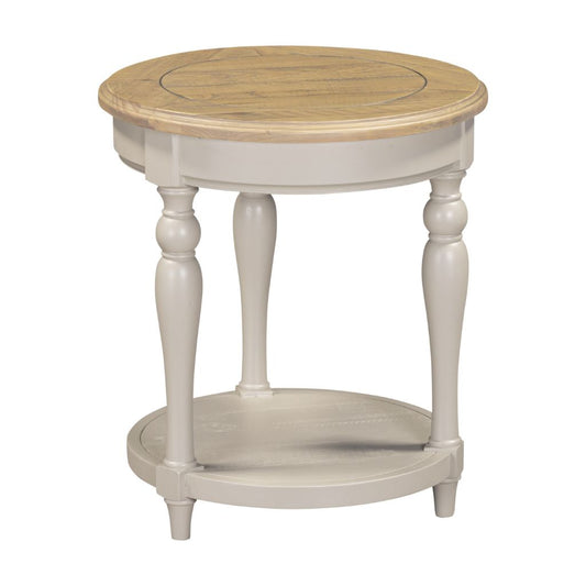 Round grey painted side table with wooden top