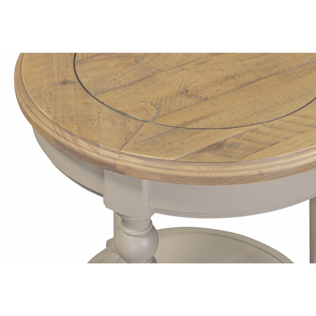 Round wooden end table with grey base on a white background