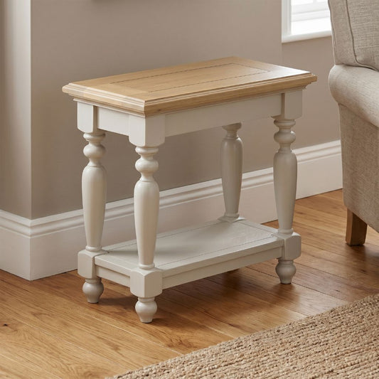 Pine end table with a stunning grey painted finish and exposed tabletop
