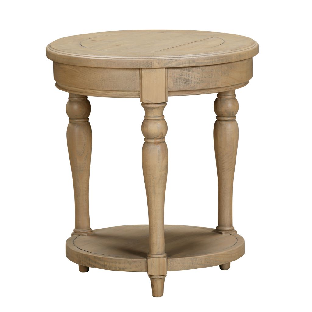 Round wooden side table with a shelf on a white background