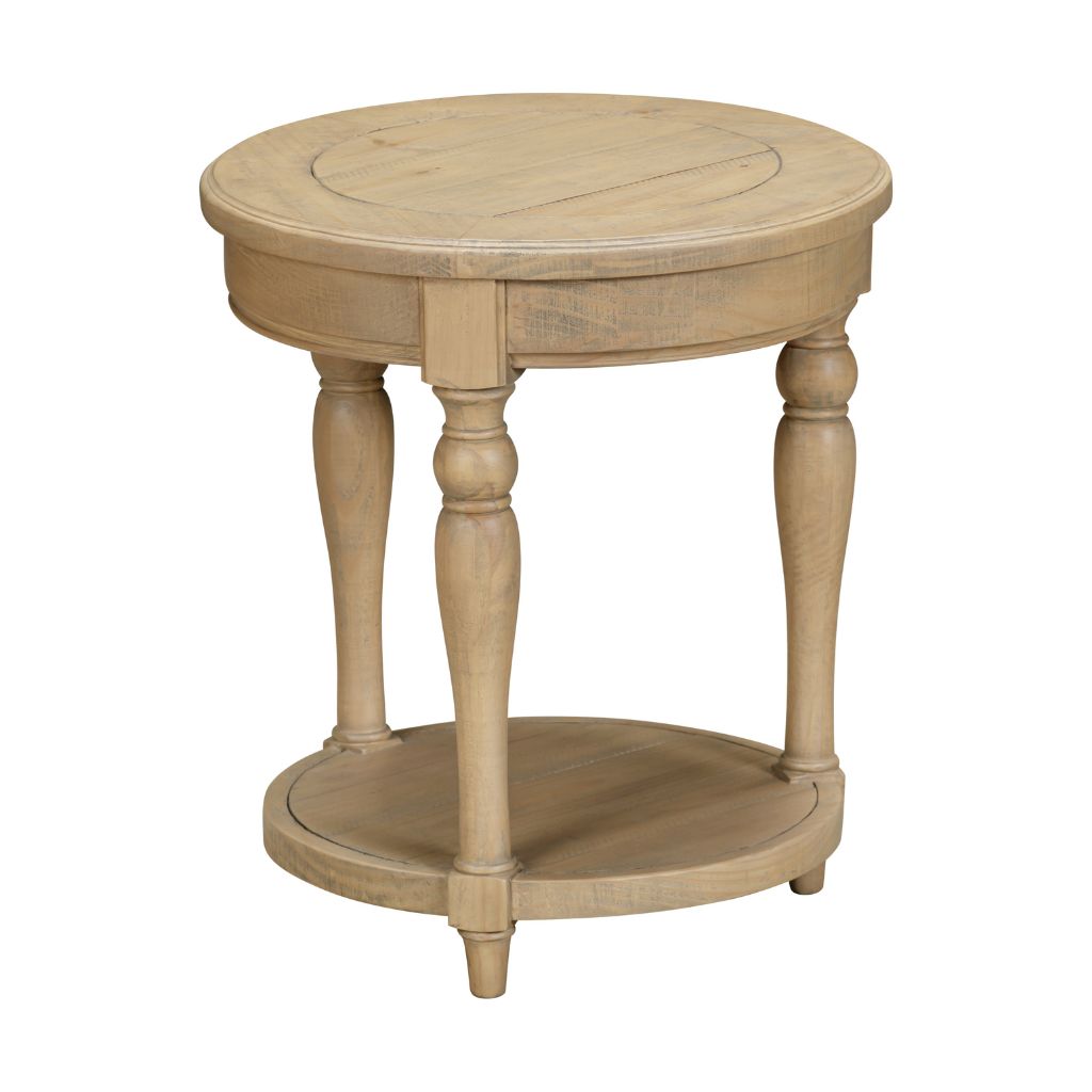 Round wooden side table with a white background