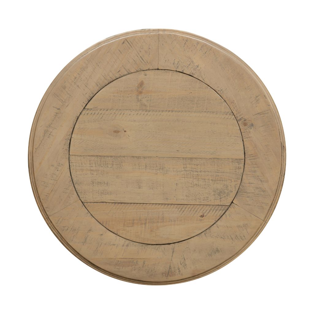 Round wooden table top on a white background
