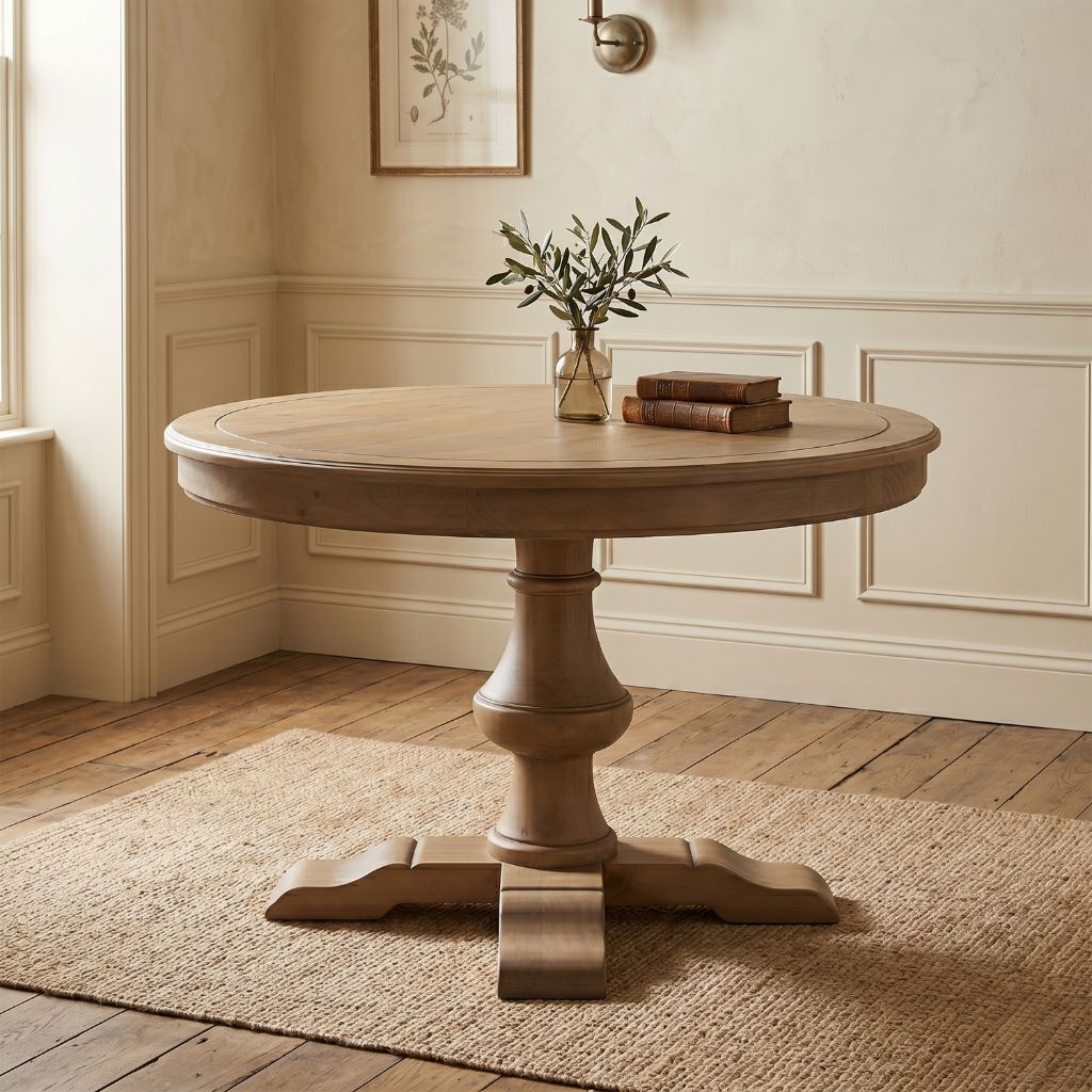A round pedestal dining table in a warm pine finish.