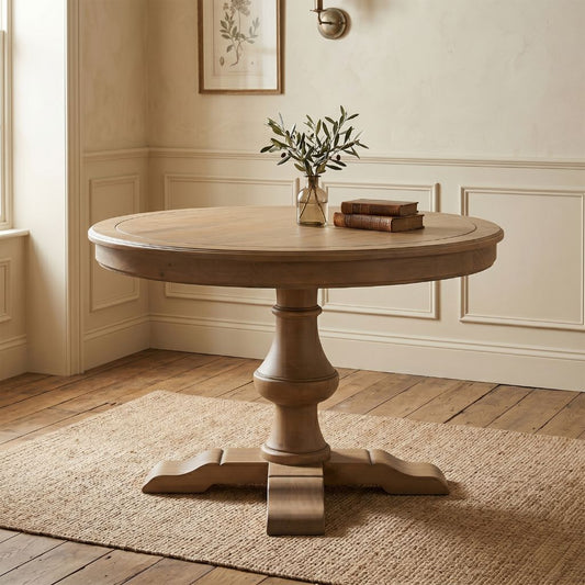 A round pedestal dining table in a warm pine finish.
