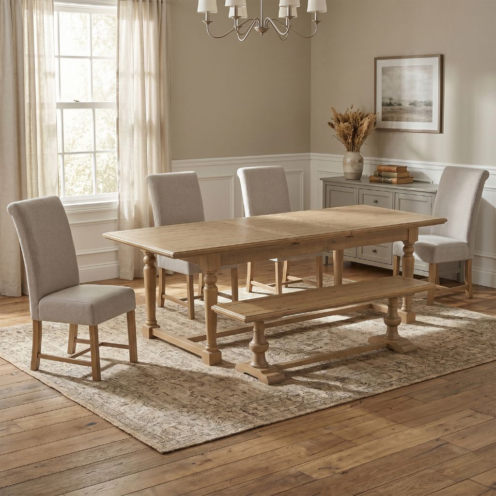 Dining room with wooden table, chairs, and bench on a patterned rug.
