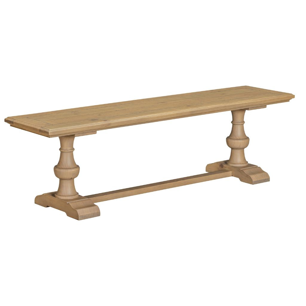 Wooden dining bench with turned legs on a white background