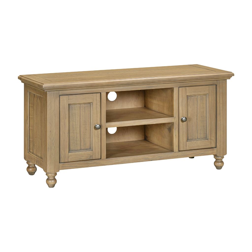 Wooden TV stand with two cabinets and shelves on a white background