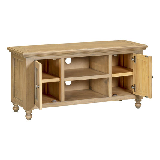 Wooden TV stand with open doors on a white background