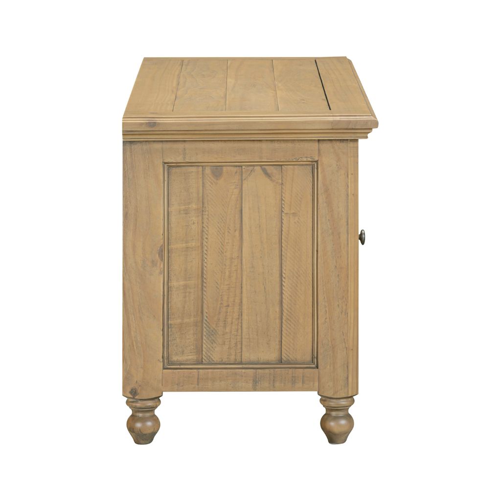 Wooden side table with a single door on a white background
