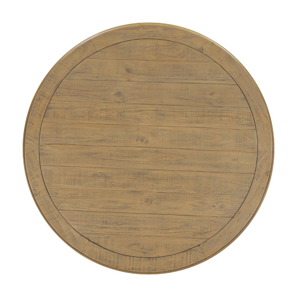 A round wooden dining table top with a rustic, weathered finish and visible wood grain, shown from a top-down perspective 