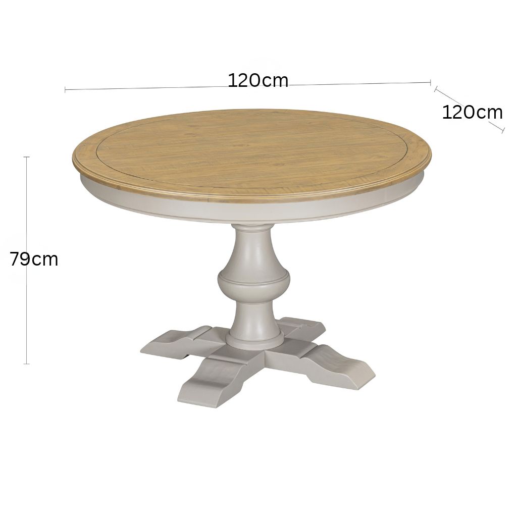 A round pedestal dining table with a light pine wood top and a rustic grey base, shown with dimension lines indicating a diameter of 120cm and a height of 79cm.
