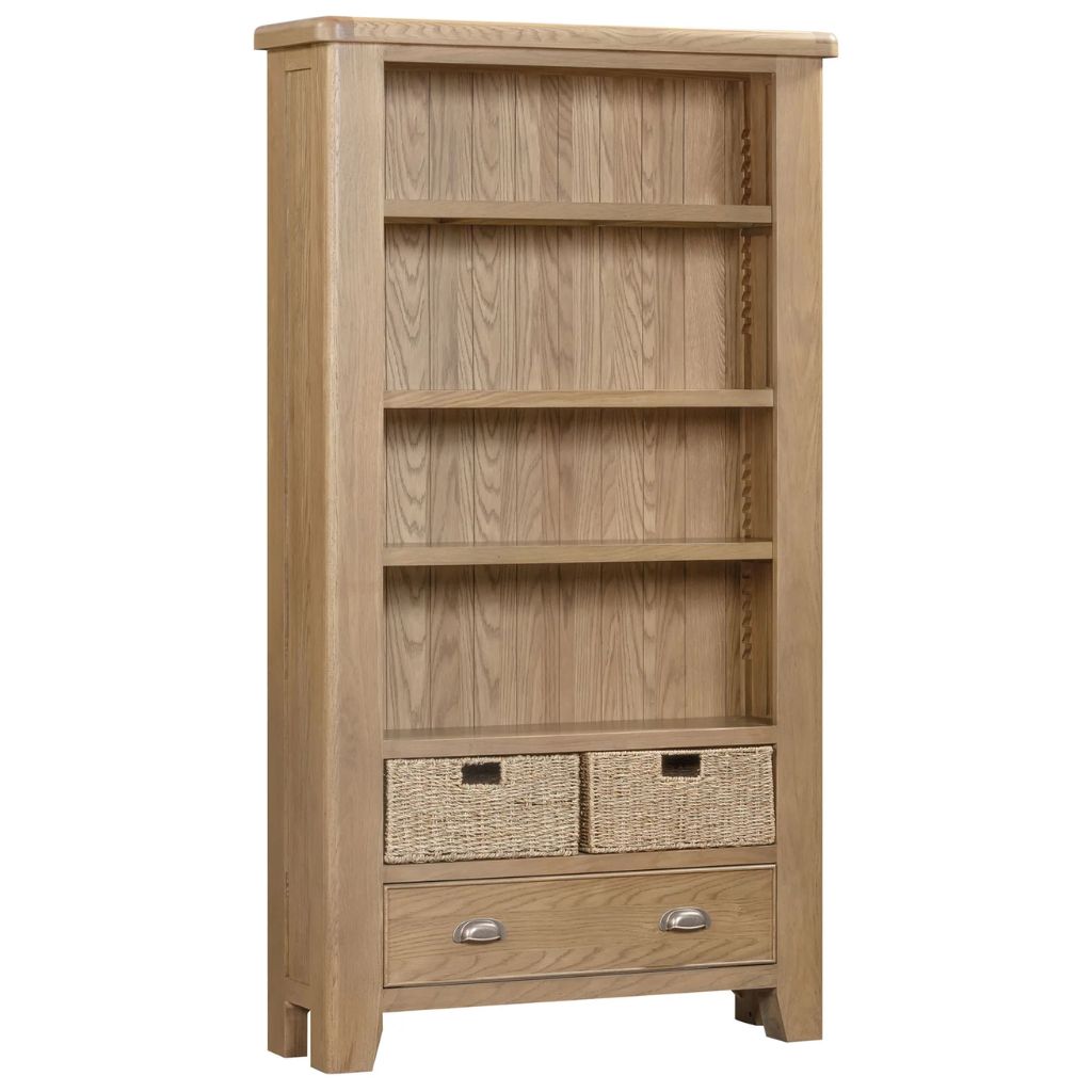 Wooden bookshelf with wicker baskets on a white background