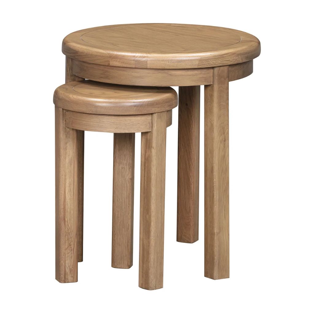 Set of two wooden nesting tables on a white background
