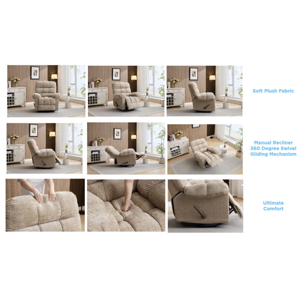 Collage of recliner chairs in various settings with text highlighting features.