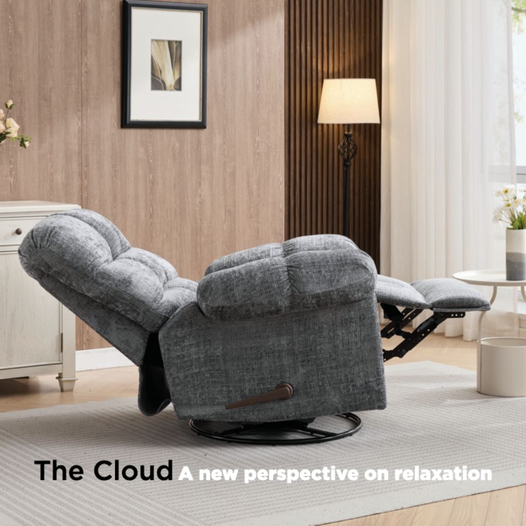 Gray recliner chair in a living room setting with text 'The Cloud: A new perspective on relaxation'.