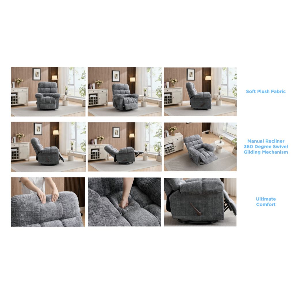 Gray recliner chair in various settings with text highlighting features.