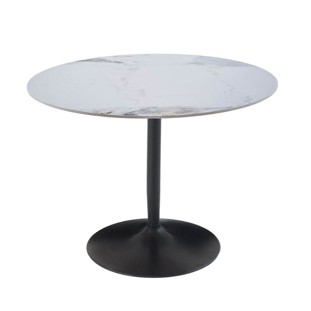White sintered stone table with a powdered coated black base