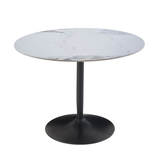 White sintered stone table with a powdered coated black base