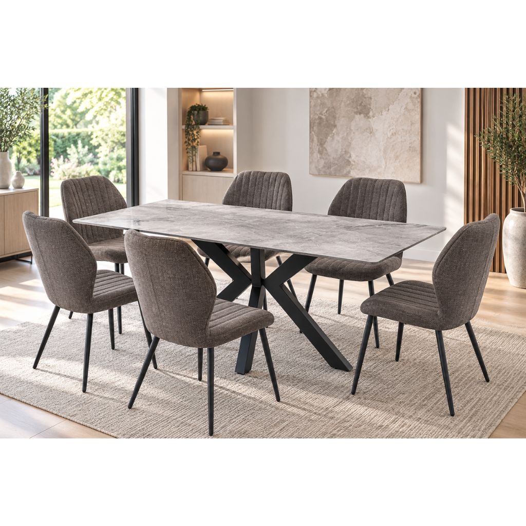 Covo rebecca grey dining table with Bariello chairs in mocha