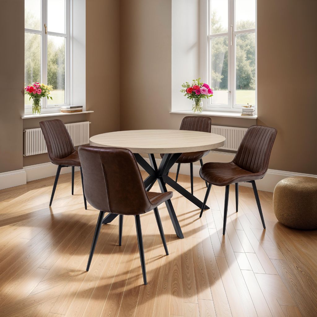 Delta 1.2m Round Oak Dining Table + 4 Ponzone Dining Chairs