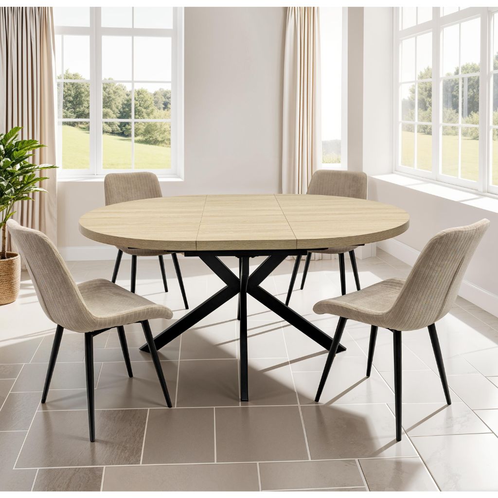 Delta 1.2m Round Extending Oak Dining Table + 4 Diano Stone Chairs
