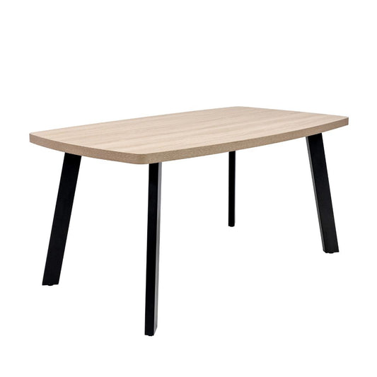 A modern rectangular table with a light natural wood grain top and four angled black metal legs.