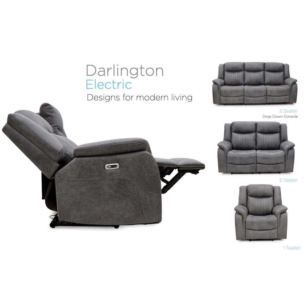 Gray recliner sofa set with 'Darlington Electric' branding on a white background
