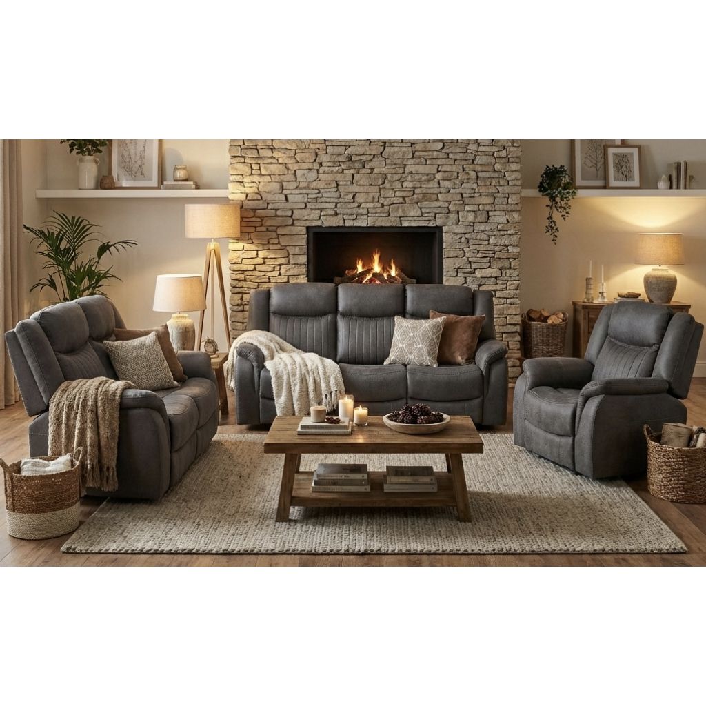Gray sectional sofa in a living room with a stone fireplace.
