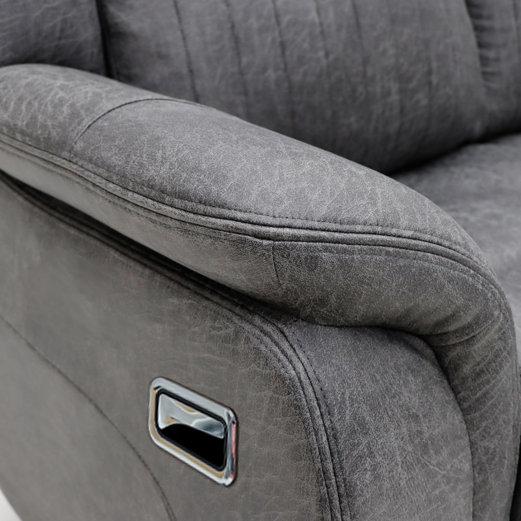 Gray fabric recliner chair with a control panel.