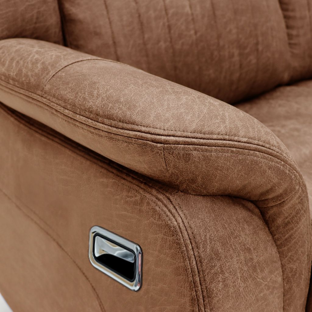 Close-up of a brown fabric recliner chair with a control panel.