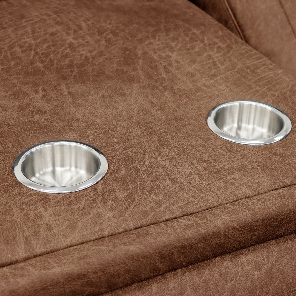 Brown fabric surface with two silver circular cup holders.