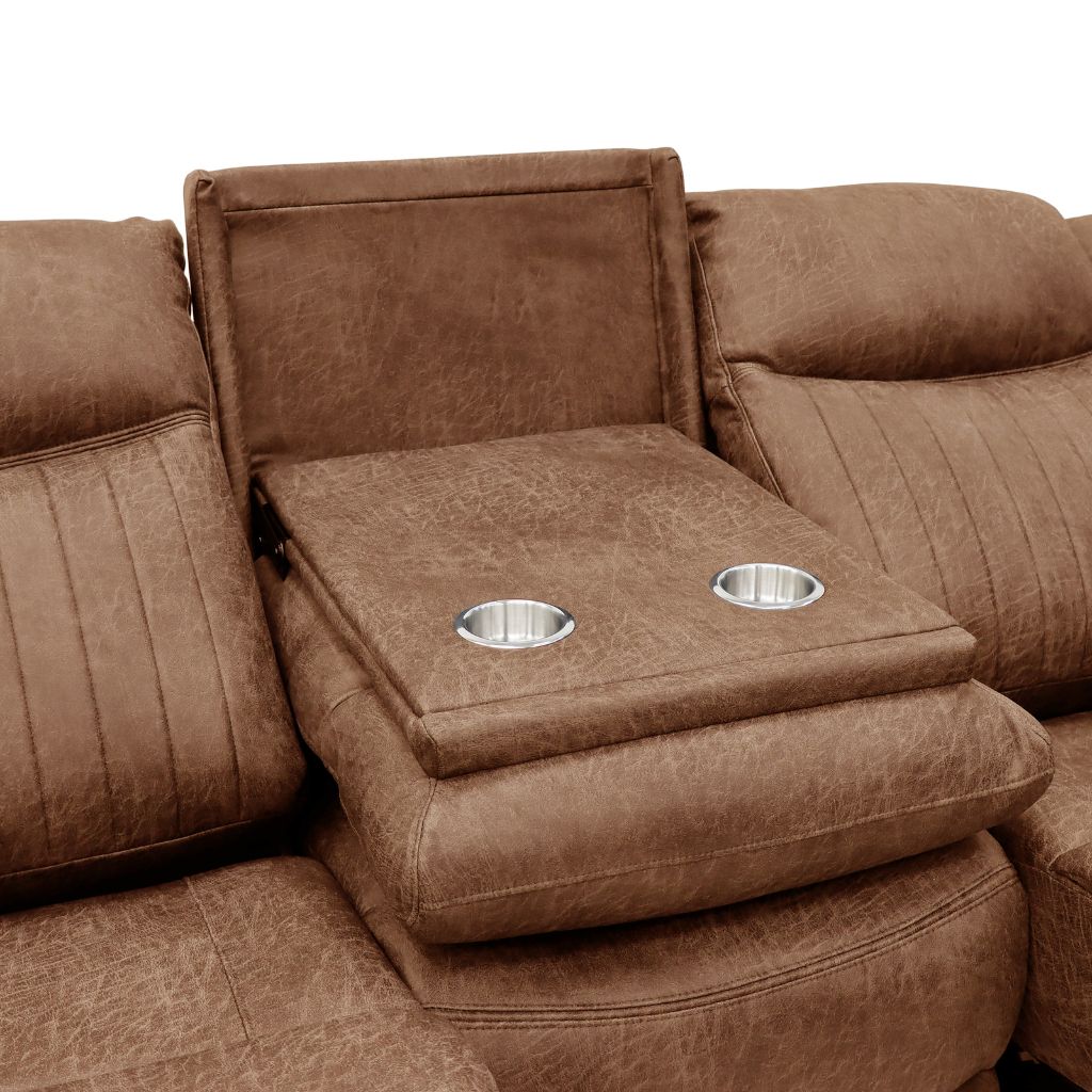 Brown fabric sofa with cup holders on a white background