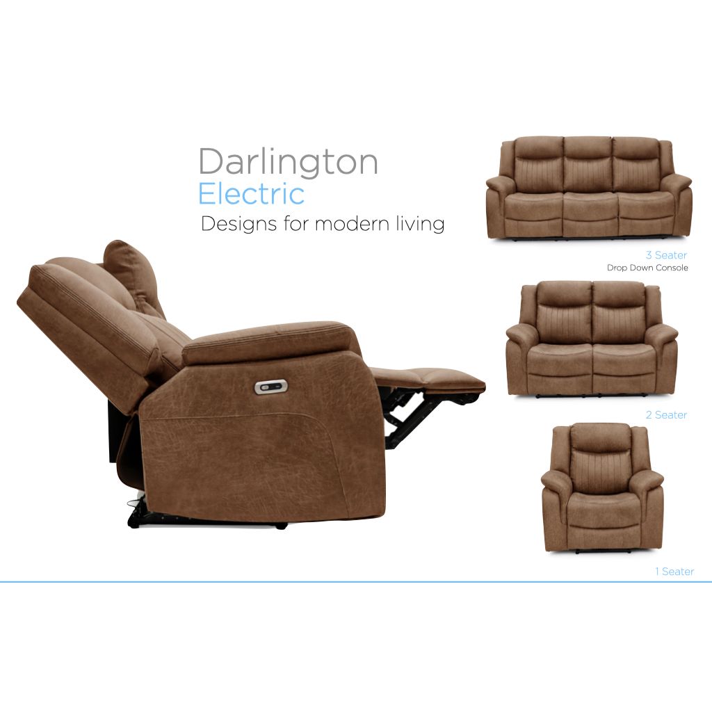 Brown recliner sofa set with 'Darlington Electric' branding on a white background