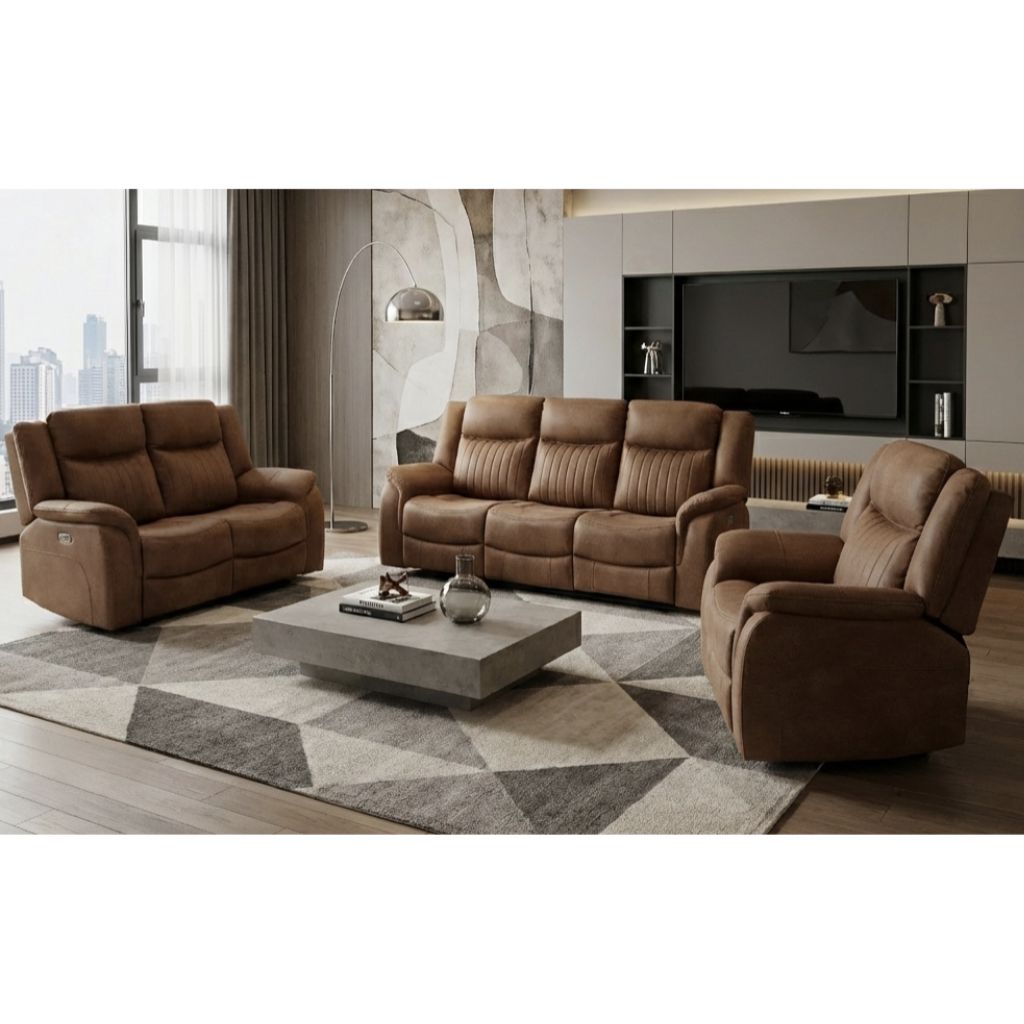 Brown fabric sofa set in a modern living room with a cityscape view.