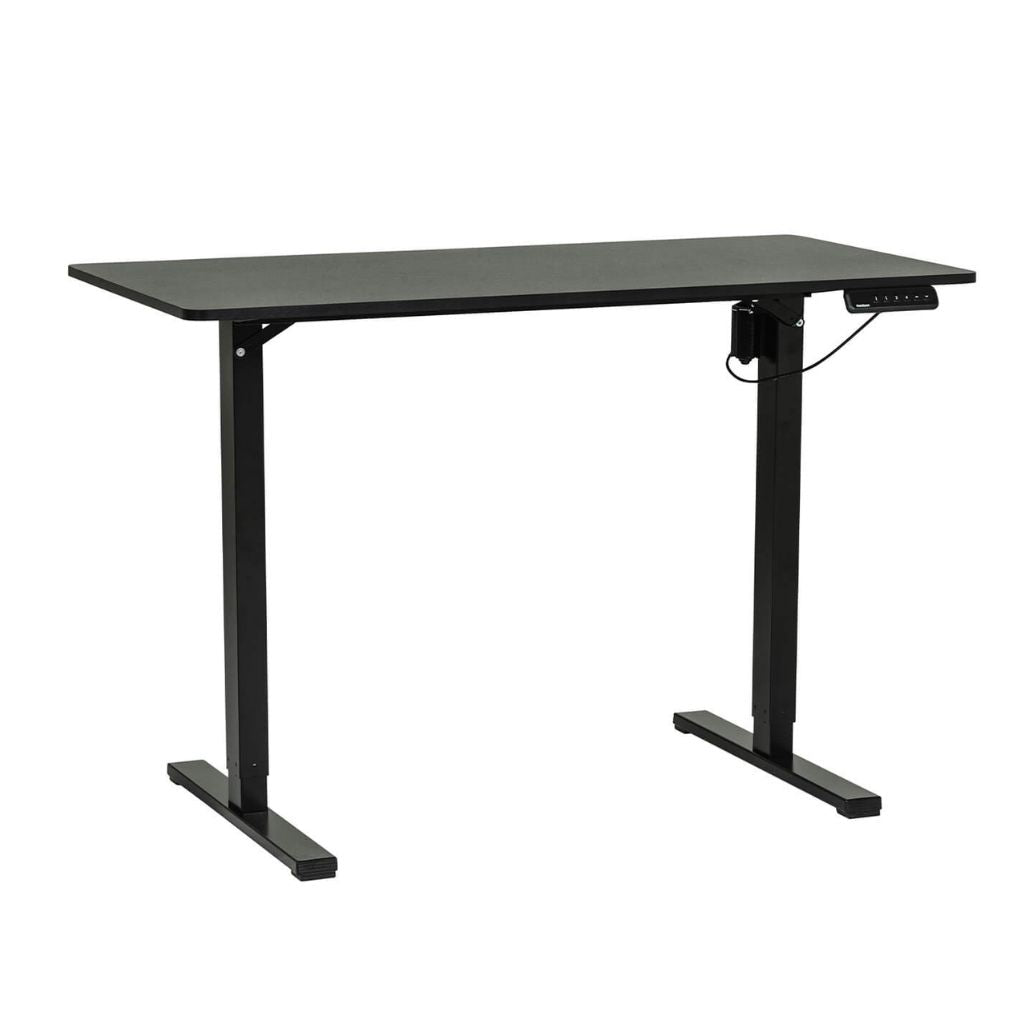 Black adjustable height desk on a white background