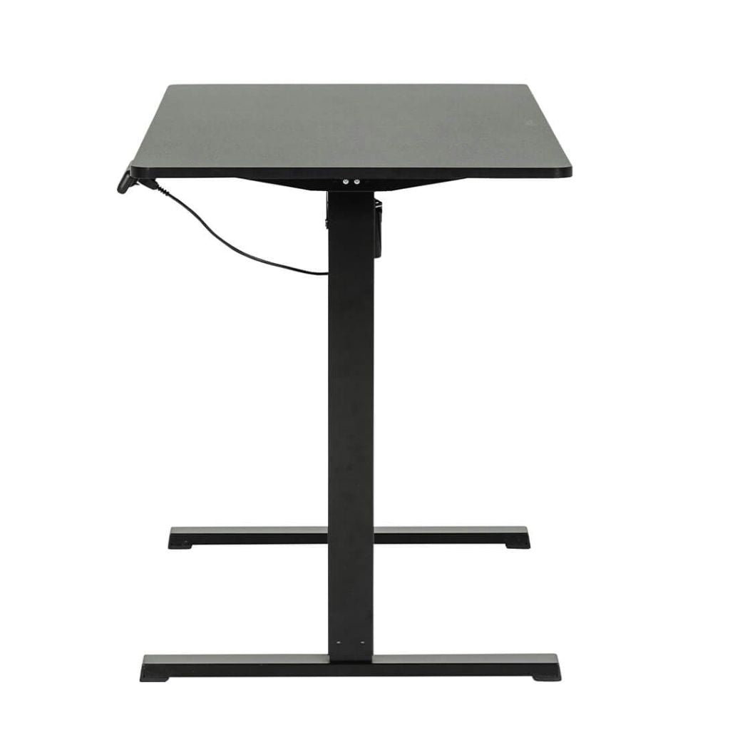 Black adjustable height desk on a white background