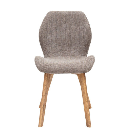 Chair with beige upholstered backrest and wooden legs on a white background